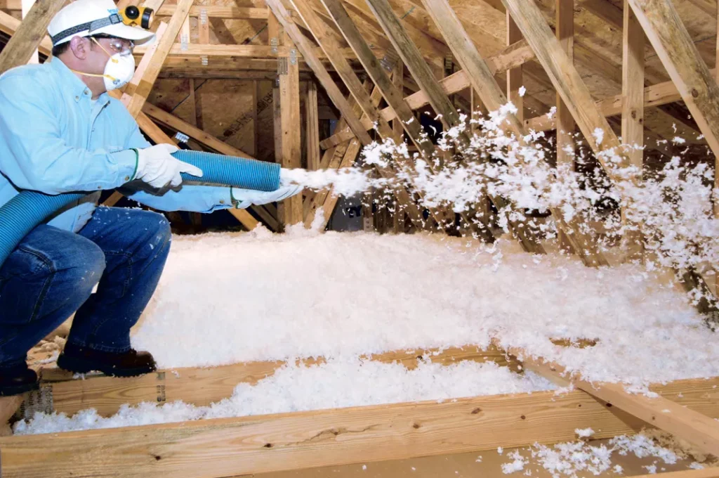 Blown-in cellulose insulation being installed into an attic